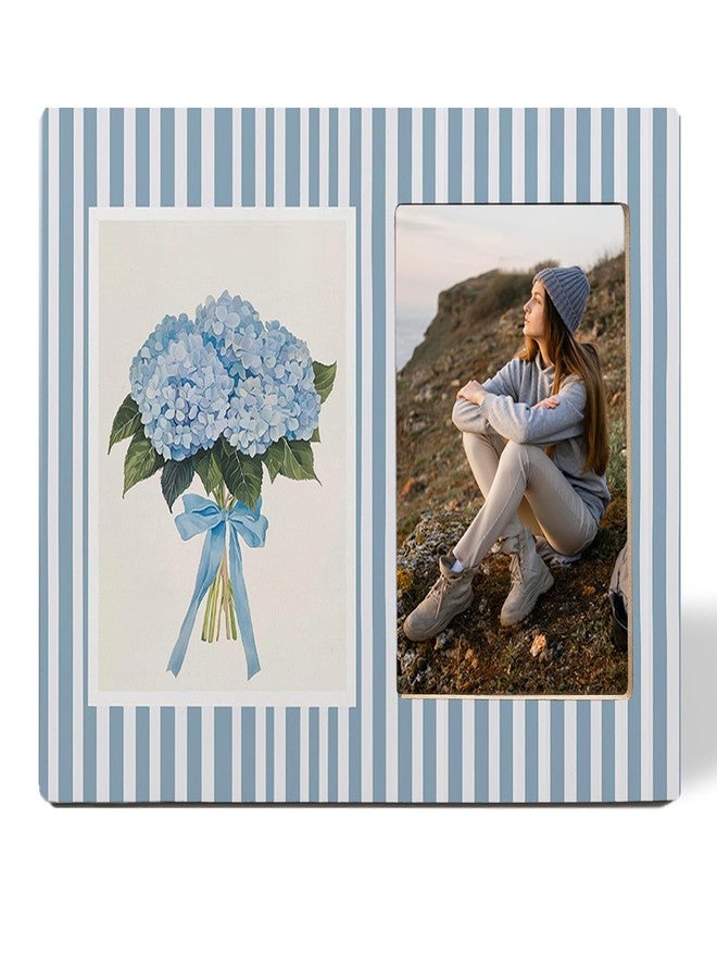 SNNDER Blue Hydrangea Floral Picture Frame 4x6, Cottagecore Flower Photo Frame for Women Girls, Blue and White Striped Flower Wooden Picture Photo Frames for Desk Tabletop Wall Display Decoration - Image 1